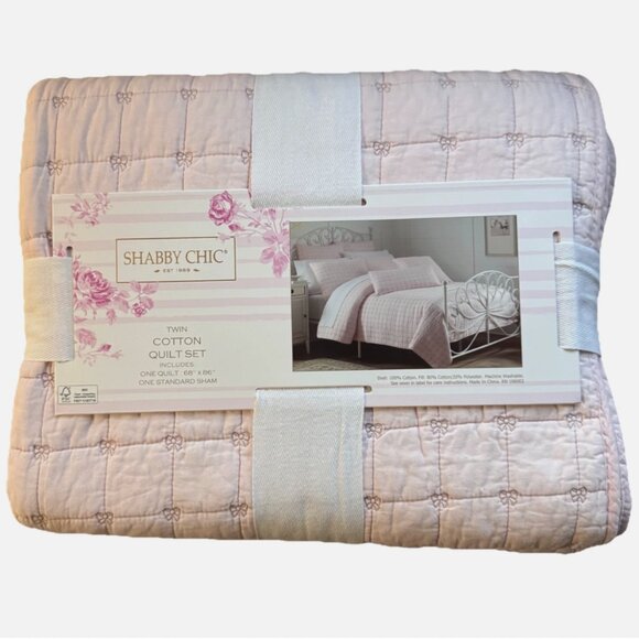 2pc Shabby Chic Quilted Pink Coquette Bow TWIN Quilt Pillow Sham Set Cotton NEW - Picture 3 of 5
